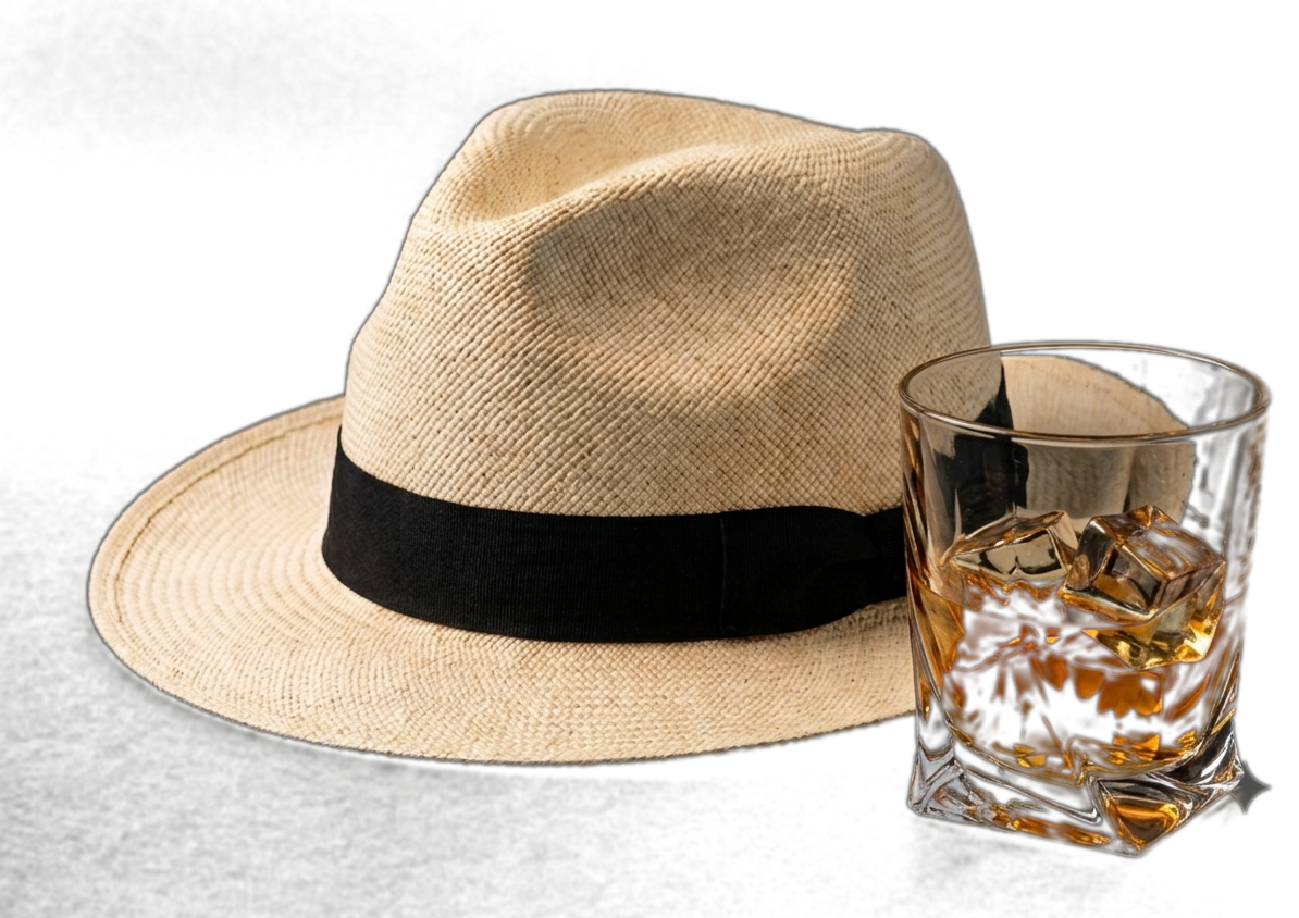 Emblema de Javier Alagrande — sombrero Panamá y vaso de whisky